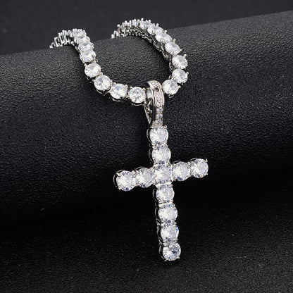 Diamond Tennis Chain with Cross Pendant | 14K Gold Plated