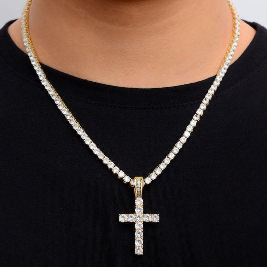 Diamond Tennis Chain with Cross Pendant | 14K Gold Plated