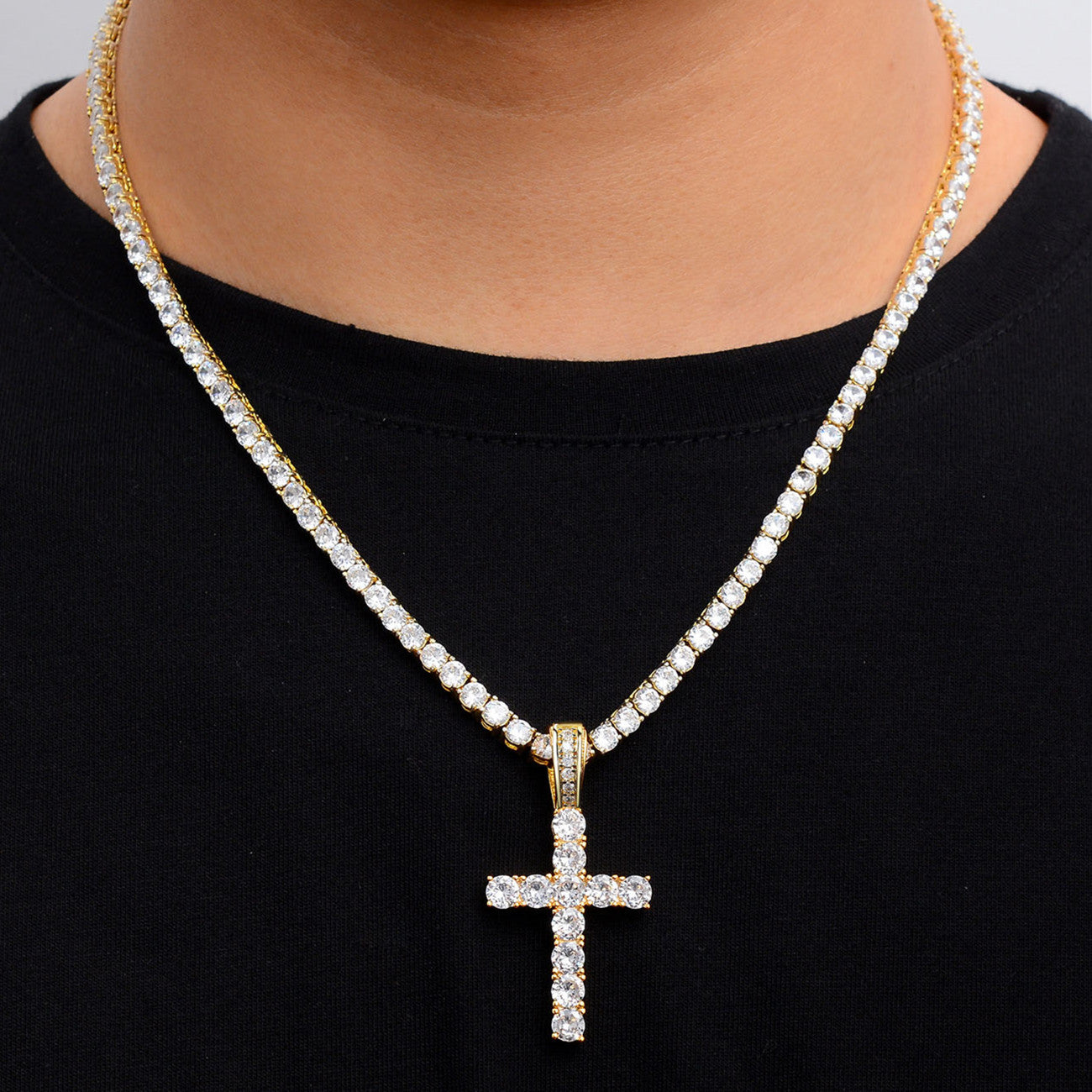 Diamond Tennis Chain with Cross Pendant | 14K Gold Plated