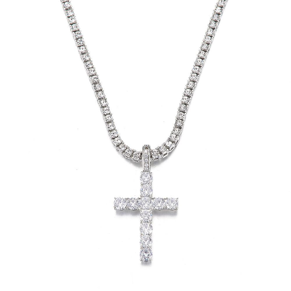 Diamond Tennis Chain with Cross Pendant | 14K Gold Plated